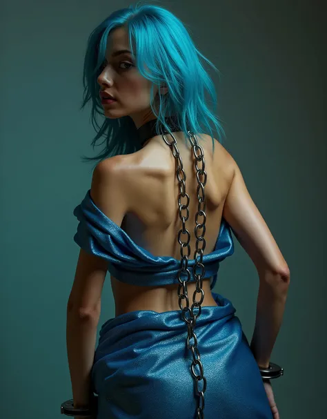 Aesthetic Bondage bdsm in  blue shimmering saree, cyan hair, handcuffed and black collar chained , locked collar, and hands tied behind the back in handcuffs behind the back, 