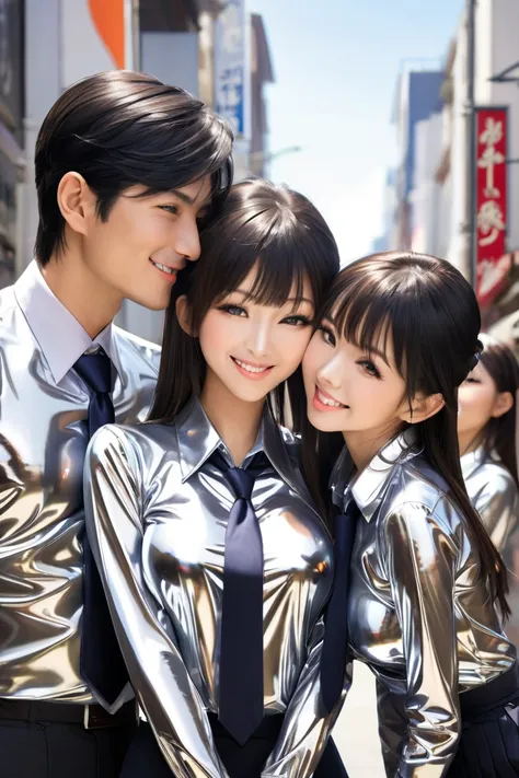 Japanese family buttoned in extremely tight shiny metallic blouse, Lens reflection, Reflected light, Are in town,  black hair, smile, Breasts, langes Haar, Make-up, Necktie,kiss