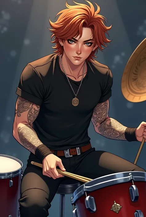 Finnian "Finn" MacRae (Realistic anime art).
Finnian "Finn" MacRae, Moons Dooms 27-year-old drummer, stands out for his energy and charisma on stage. Born in Fort William, Scotland, on November 3, 1997, Finn carries the essence of the Highlands in his magn...