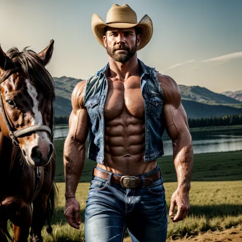 ultrarealistic , cinematic , 1 young boy  , chiseled  face extremely very handsome confident pose  ,  ,sexy , dominant , masculine and rugged face , tough man , green eyes  , dark brown hair , short neat stubble  , unbuttoned well fit in cowboy vest ,chise...