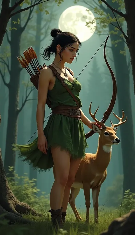  A young female hunter with dark hair tied ,  wearing a short dress in shades of green and brown.  She holds a bow in one of her hands ,  with a quiver full of arrows on her back . A deer is at her side ,  representing her connection with animals .  Artemi...