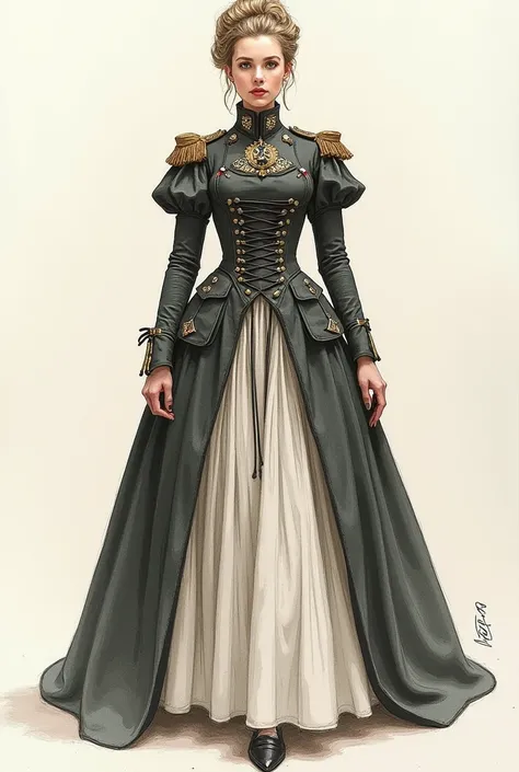 Nazi uniform from the Wehrmacht World War II combined with a female Renaissance outfit or one from early Romanticism ,  depicted as fashion sketch .  You can combine puffan sleeve and pagons , crinoline pants ,  military pocket corset lace military cord or...