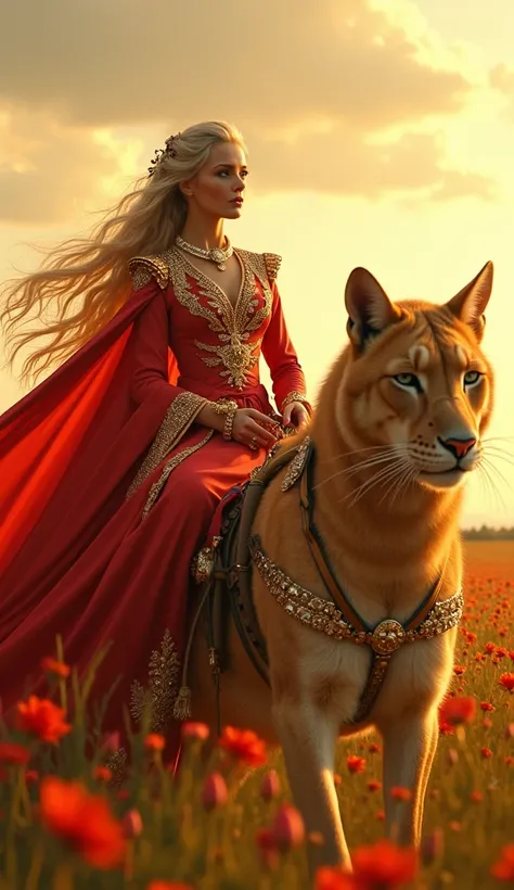 A radiant woman ,  dressed in luxurious outfits of gold and scarlet-red tones,  adorned with brilliant jewels .  She is riding a carriage drawn by giant cats .  Her long blond braids fall softly over her shoulders .  The setting is a flowery field under a ...