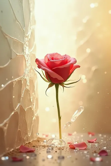  An artistic and conceptual representation of a rose breaking an invisible barrier. The scene shows a moving Rose ,  crossing a translucent wall, almost invisible,  composed of broken fragments that resemble shattered glass .  that transmits determination ...