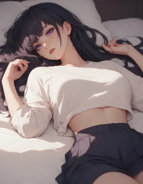  a pretty woman,  26 years old, long black hair ,  anime style , purple eyes,  lying down, bed, bangs in the hair, new, nsfw, without clothes