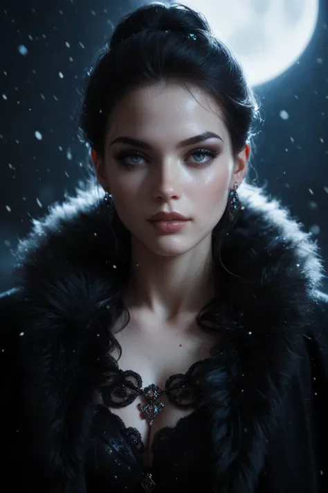 Snowstorm is a sexy and cool witch queen with a black fur cape on a night background, white skin color, black hair, blue as a hair bridge