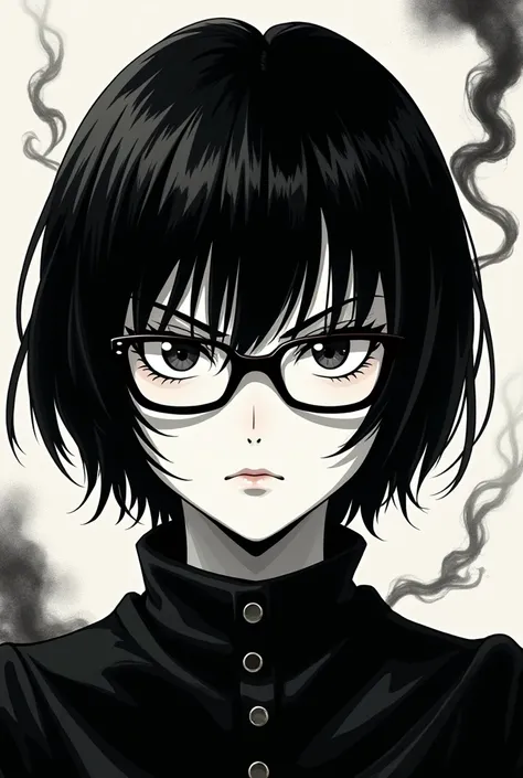 1girl, Short Hair, Black Hair, Flat face, arrogant, Simple background, Anime, Gothic Art, Wearing glasses Bangs, BnW, Smoke, 