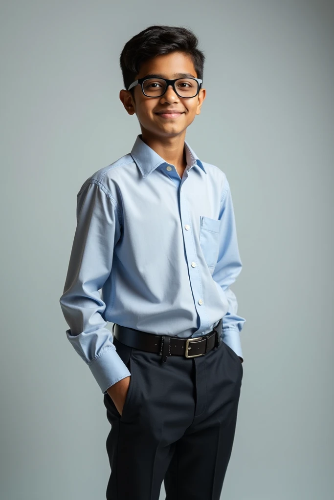  old indian boy With fair skin Wearing spectacles and narrow body Posing for a linkedin picture in formals