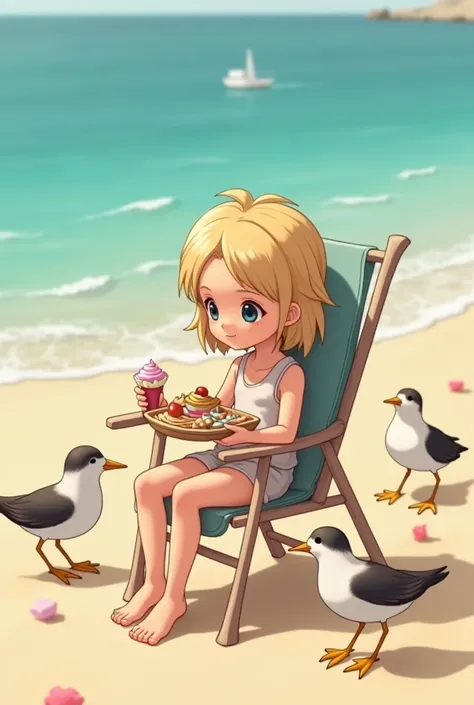 A real human little blonde girl sitting on a chair holding a little boat and an ice cream on the beach. Birds walking nearby by. one bird is bringing up
