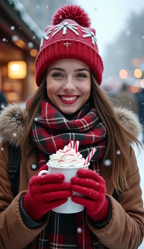 A hyper-realistic portrait of a young woman bundled up in a stylish Christmas-themed winter coat, complete with a plaid scarf and a knitted red beanie adorned with a fluffy pom-pom. Her cheeks are lightly flushed from the cold, and her breath is visible in...