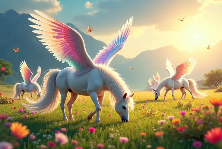 colorful winged pegasi graze on a beautiful meadow, bright colors sun, beauty