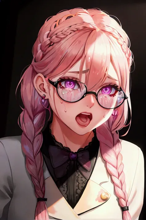 hair between eyes, french braid, crossed bangs, rimless eyewear, x-shaped pupils, tears, earrings, blush, open mouth, yandere, o...