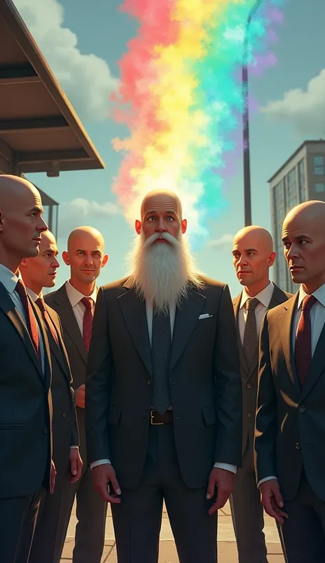 Rainbow Bridge、Bald Head Businessman 、Bearded、７人のBald Head Businessman 、Bald-headed businessman shooting rainbows from his head 、 One Color Rainbow Color for Each Person、Sunlight reflects on the head 、At the bus stop、The rainbow fairy old man 、 Uncle is th...