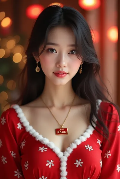 Pretty young Korean woman wearing red Santa dress black hair with name tag necklace "KHANA"