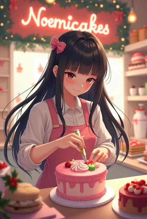 Christmas decoration in a pastry shop with the name "Noemicakes" Pink colors dark haired brunette girl making a cake