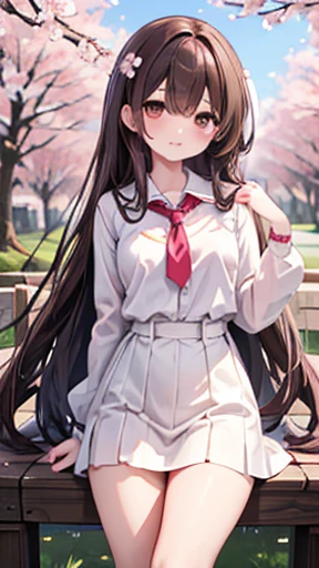  high definition 、masterpiece、 brown hair、I、 for women、 High School Girls 、School、cherry blossoms、 detailed background、 Detail Eyes、（（ Brown Eyes ））,beautiful and perfect legs, Clean and perfect hands, big chest、 long hair 、