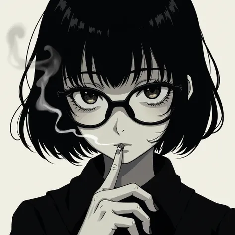 1girl, Short Hair, Black Hair, Flat face, arrogant, Simple background, Anime, Gothic Art, Wearing glasses Bangs, BnW, Smoke, Cigarette, 