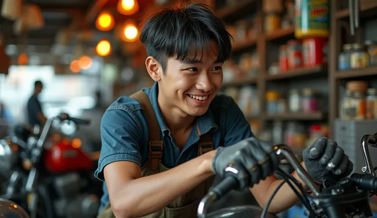 close up of the young motorbike seller inside the motorbike shop 