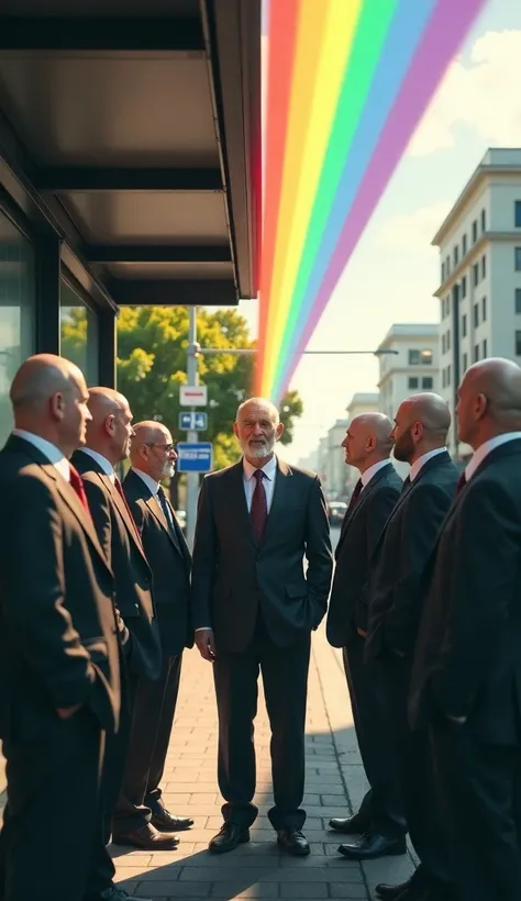 Rainbow Bridge、Bald Head Businessman 、Bearded、７人のBald Head Businessman 、Bald-headed businessman shooting rainbows from his head 、 One Color Rainbow Color for Each Person、Sunlight reflects on the head 、At the bus stop、The rainbow fairy old man 、 Uncle is th...