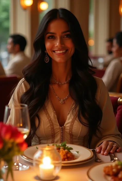 A stunning Indian woman with long flowing black hair, with a beautiful smile on her face, having lunch in a luxury restaurant with her family