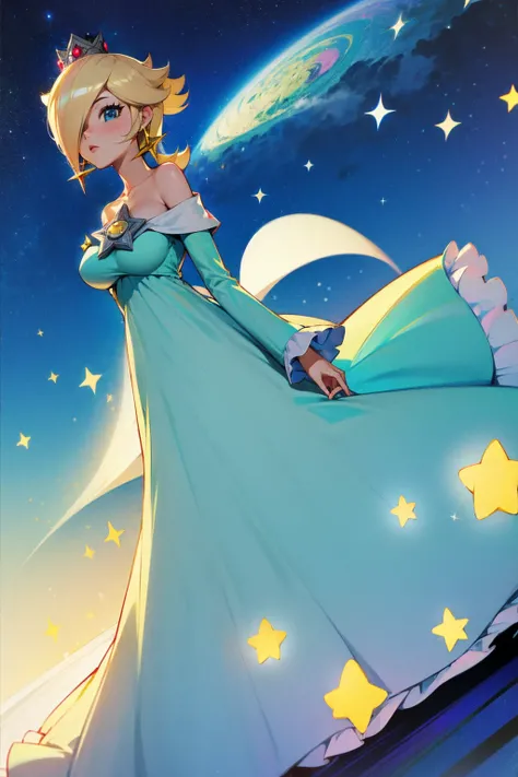 princesa rosalina, blue dress, big breasts, adult body, starry sky, semblante angelical
