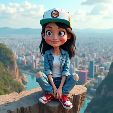 full HD 8k quality caricature realistic 3D image of a big-headed character, a  Indonesian woman, wearing a light blue and white snapback hat with the "Nok Aisah" logo, a denim jacket with a white t-shirt, torn patterned  jeans and red and white Jordan shoe...