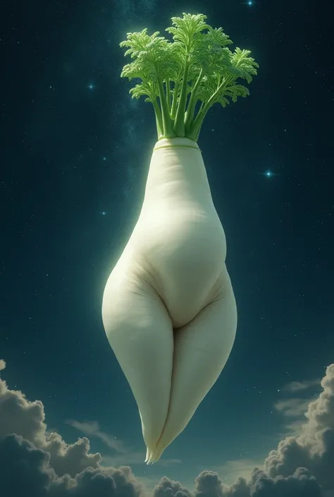 white daikon (radish:1.8)(2thigh,nubile waist,white radish skin,vegetable photo,no head,no arms, no breast, leaves,)in the air .safe for work. stars.galaxy,realistic