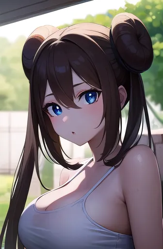 rosa, rosa,   brown hair, double pan, doughnut hair bun, hair bun,   blue eyes,   hair between eyes,   twin tails, big breasts, ...