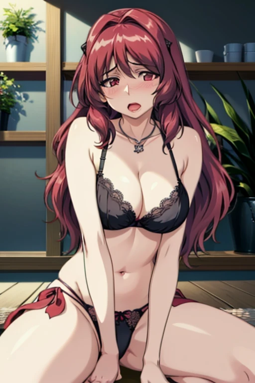 Long Hair,Red Hair Color,Red eyes, neck necklace,clavicle, Big Breasts ,Crepas ,black lace bra on shine red fabric , black lace panties on shine red fabric, black stockings , background flower shop decorated with many flowers,Standing in front of a flower ...