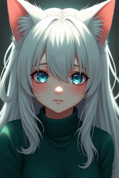 a cat girl with white hair , , the left eye is sky blue , and the right eye is slightly darker ,  wears a dark green long-sleeved sweater , “has a tired facial expression” without blush on the dick,  and she is also an adult and not a  with a huge forehead