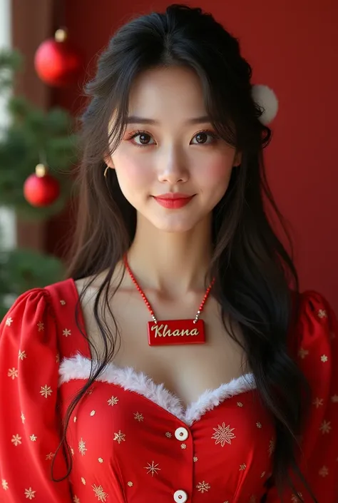 Pretty young Korean woman wearing red Santa dress black hair with name tag necklace "KHANA"