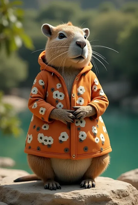 A human wearing clothes with capybara prints