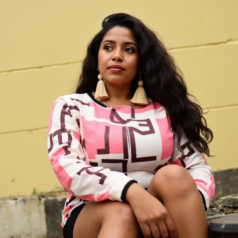 A fashion portrait photograph of a young ((big breasts)) white woman with long, wavy dark hair cascading over her shoulders, ((big breast)) seated on a bench against a rough-textured concrete wall with visible bolts and horizontal lines. The background rem...