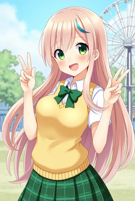 masterpiece, best quality, highres, Lala Satalin Deviluke, long hair, ahoge, hair ornament, green eyes, breasts, , green bowtie, collared shirt, white shirt, sweater vest, yellow vest, short sleeves, plaid skirt, green skirt, peace sign, amusement park, sm...