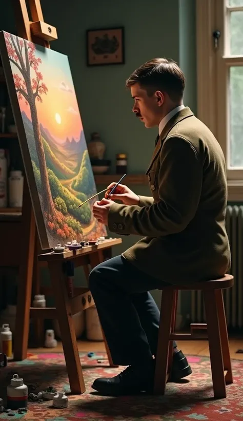 A young Adolf Hitler sitting on a wooden stool in a dimly lit art studio, his face filled with determination, as he paints a vibrant landscape on a canvas, surrounded by scattered brushes and paint tubes. Ultra realistic hd.