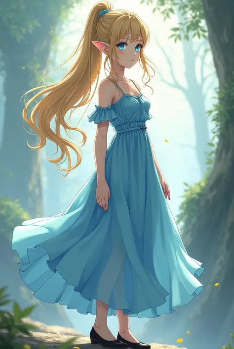 Anime female with blond hair tied in a ponytail and blue eyes. Her ears slightly stuck out, with pointed tips. She was an elf.She wore a blue dress with black shoes