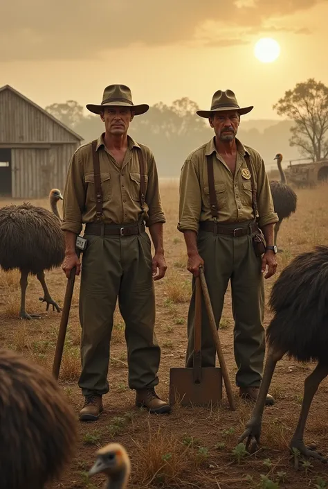 A wide farmland scene in post-World War I Australia, showing distressed farmers looking at their destroyed crops. In the foreground, large emus are seen pecking at and trampling the crops. The farmers are wearing worn-out clothes, holding tools like shovel...