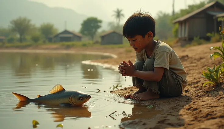 A Burmese village boy, clad in a faded longyi and a simple shirt, kneels by the edge of a shrinking lake. Tears flow down his sun-weathered face as he stares at a fish struggling weakly in the shallow, muddy water. The once-thriving lake is now reduced to ...