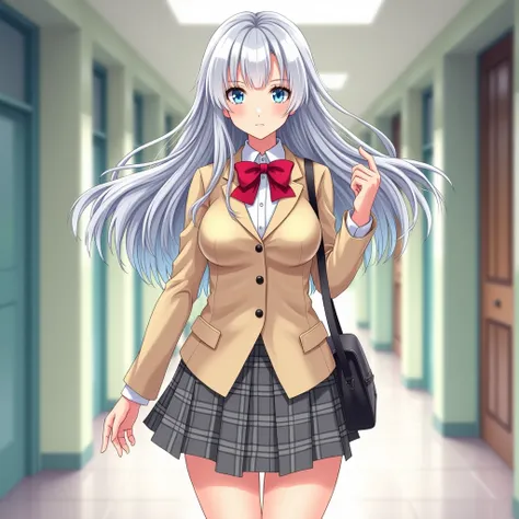  girl、 College Student 、 silver hair、Beautiful Hair、uniform、 beige blazer to mop、 red bow on chest 、 Big Breasts 、Grey checked skirt、shoulder bag 、corridor、 illustration style