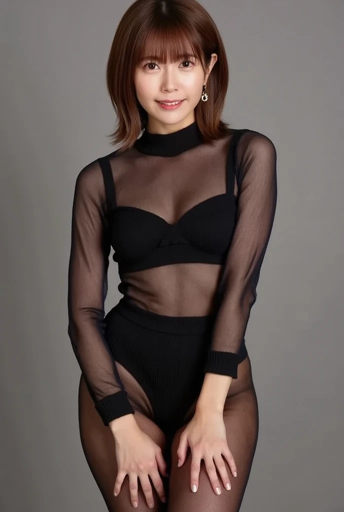 8k, RAW Photo, Best Quality, Masterpiece:1.2),(Realistic, photo-realistic:1.37), Super Detail, She is wearing tight thin fitting transparent black long sleeve turtleneck , no pants, transparent black pantyhose, cinematic lighting, ecstacy face, monotone ba...