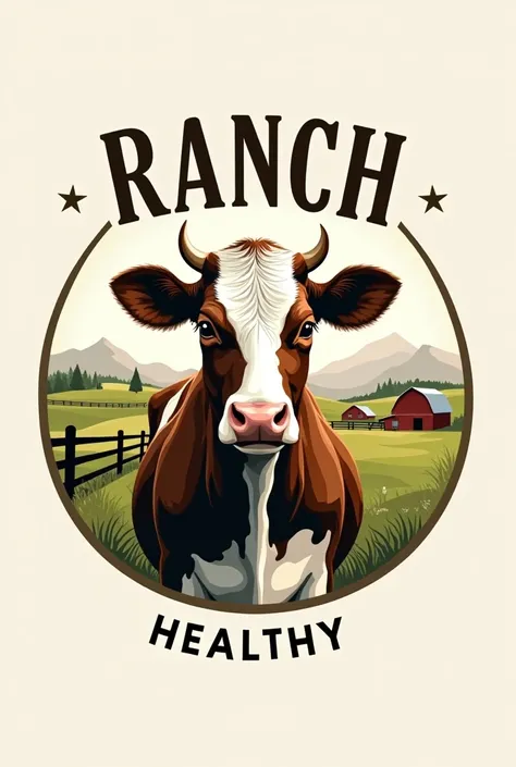 Logo of:  in the middle a cow at the top a text that says ranch and at the bottom healthy, In the background a ranch with win  