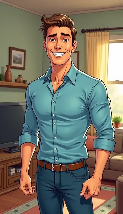 (Old school comic) Travis A man in his mid-30s with a charismatic smile, short brown hair, hazel eyes, and an athletic build. Wearing a light blue button-down shirt and dark jeans. His expression is warm and friendly, set against a suburban living room bac...