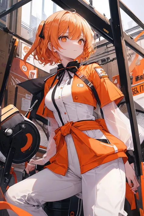  High Quality　 best quality　masterpiece　 super detailed　 illustration 1 girl 　High school girl　Tall　 orange short bob 　Small breasts　orange pupils 　White short-sleeved Y-shirt　 orange ribbon 　black uniform pants 　 wrapping an orange jacket around her waist