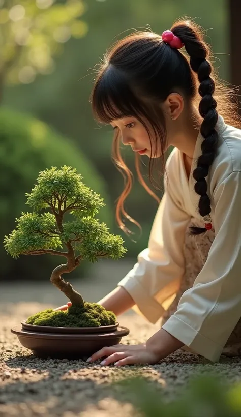  a girl taking care of a small bonsai tree 々 sweeping gravel 、 is in a traditional Japanese garden,  Intricate Details ,  beautiful detailed eyes,  beautiful detailed lips that boldly lie down,  extremely detailed face ,  long eyelashes ,  High Quality , 8...