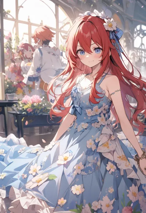 hayr, redhair, floral blue dress, blue dress, white girl, 