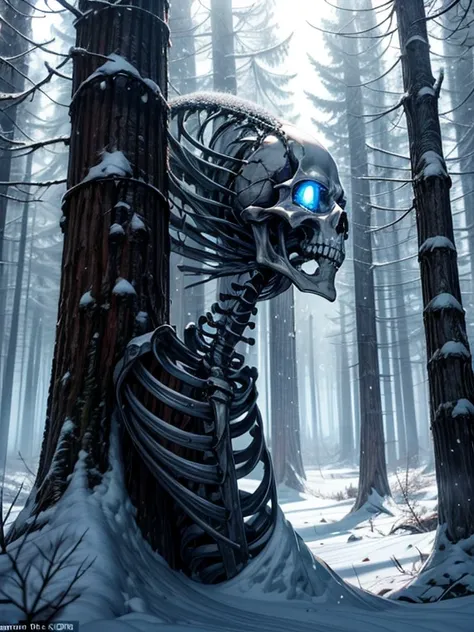 The forest is covered with snow by a blizzard , among the trees, an ancient skeleton in its decrepit robe stands sparkling with blue eyes, leaning on an ancient sword.