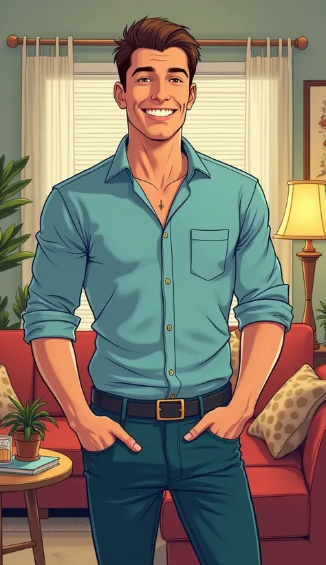 (Old school comic) Travis A man in his mid-30s with a charismatic smile, short brown hair, hazel eyes, and an athletic build. Wearing a light blue button-down shirt and dark jeans. His expression is warm and friendly, set against a suburban living room bac...