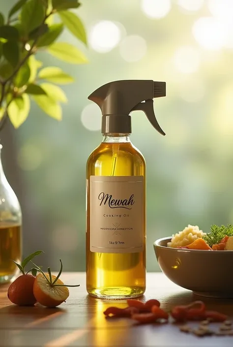 generate the 1liter cooking oil using the biodegradable bottle named ‘mewah cooking oil’ that have spray use and can pour too.make a more realistic and more premium for cooking oil 