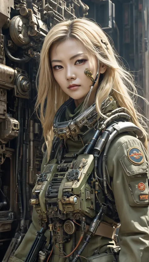  1 FemaleAn exoskeleton , Long Hair,  blonde hair , exoskeleton,  in a close-up of a humanoid weapon ,  woman is inside ,  female soldier piloting a fictional Japanese military humanoid weapon during World War II,  exoskeleton, Facial beauty,  Extremely El...