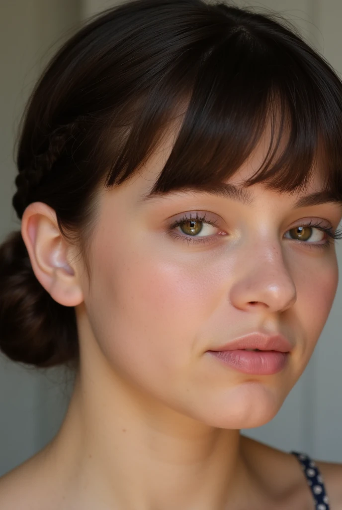 Beautiful European woman aged 20, close-up portrait, dark brown hair, fringes, short hair, braided bun, dimples: 1.3, blush, hazel eyes, relaxed, high quality, High precision, Perfect features, perfect face, photo realistic, 4K